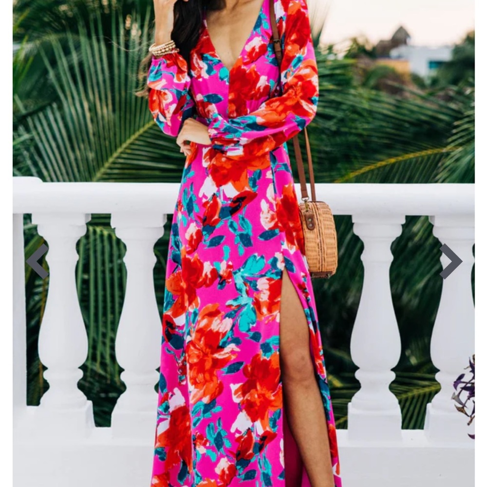 Pink Floral V-Neck Maxi Dress with Side Slit